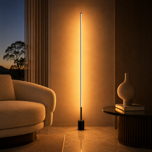 Lampadaire LED sur pied noir et doré design minimaliste