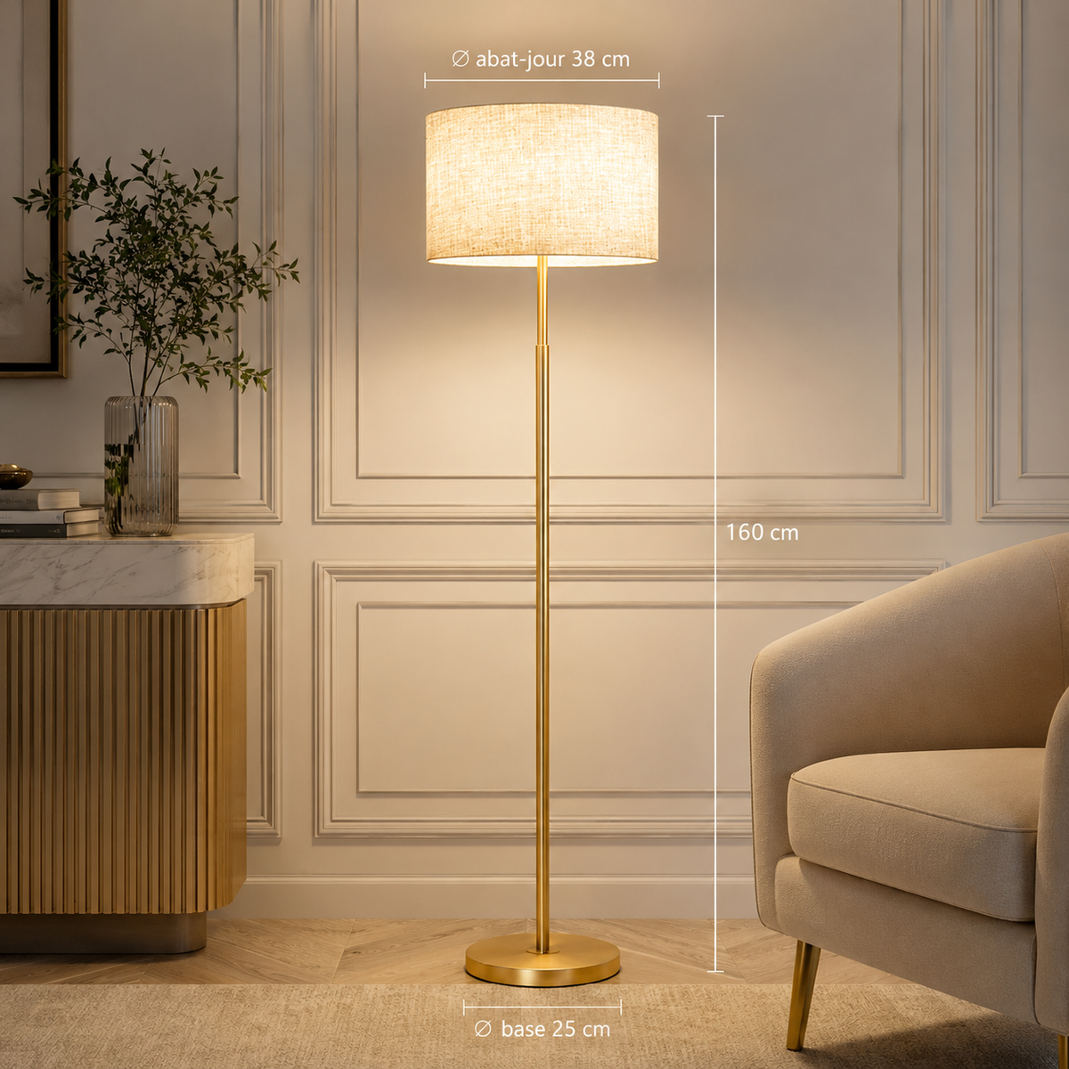 Lampadaire sur pied doré réglable en hauteur avec abat-jour en tissu