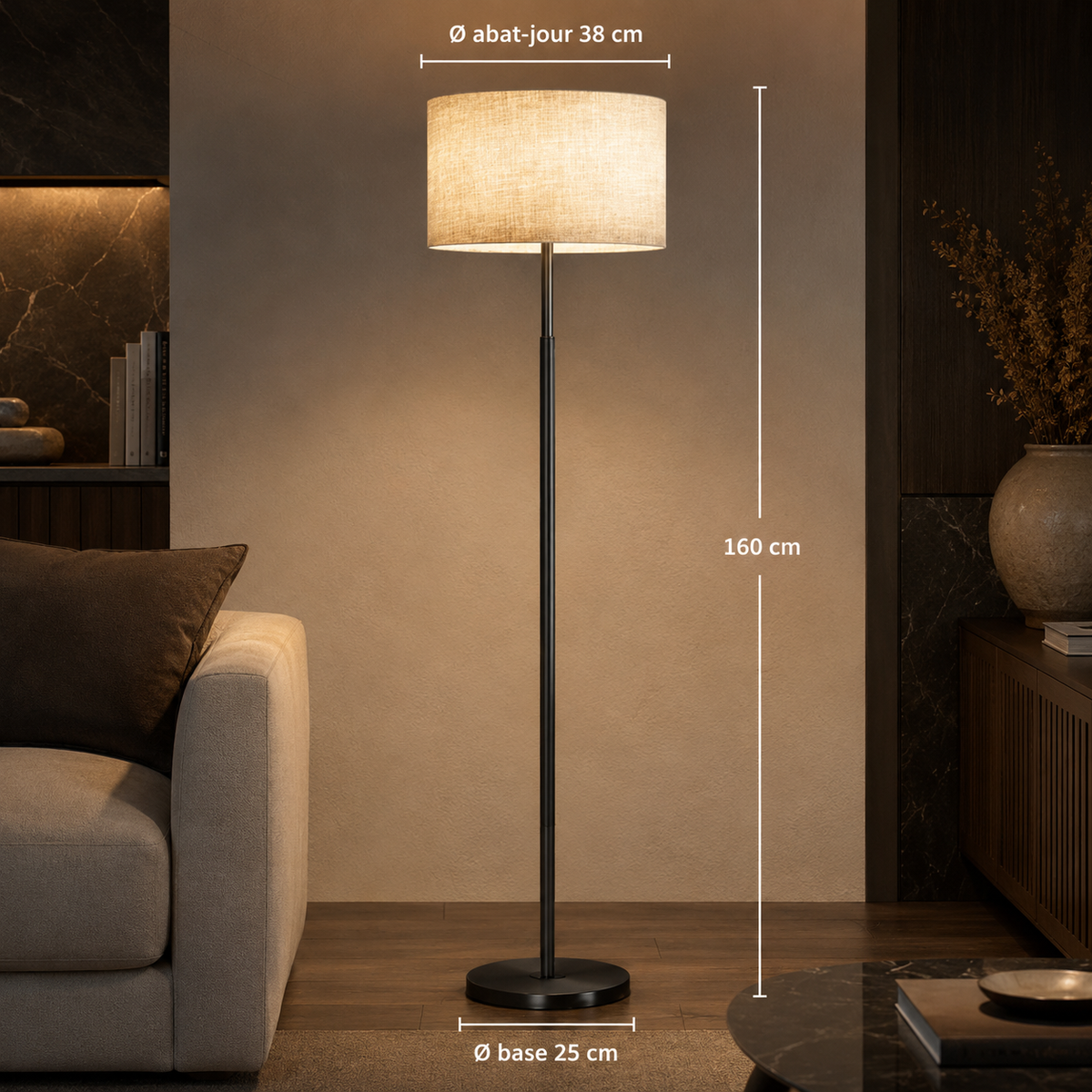Lampadaire sur pied doré réglable en hauteur avec abat-jour en tissu