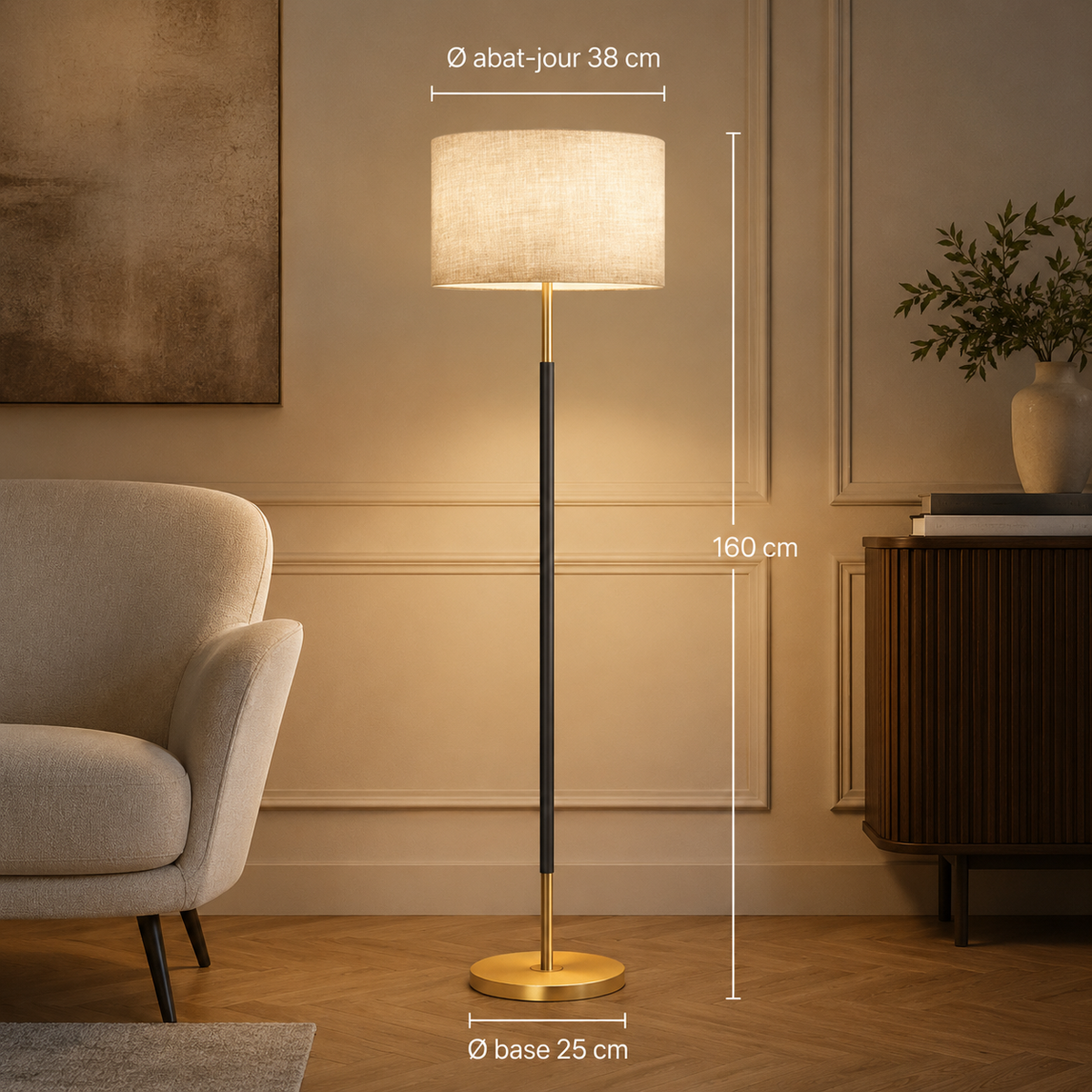 Lampadaire sur pied doré réglable en hauteur avec abat-jour en tissu