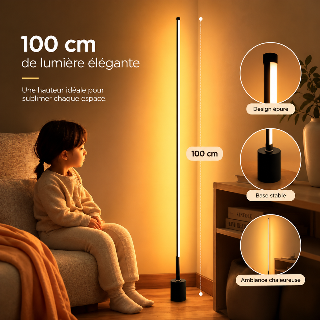 Lampadaire LED sur pied noir et doré design minimaliste