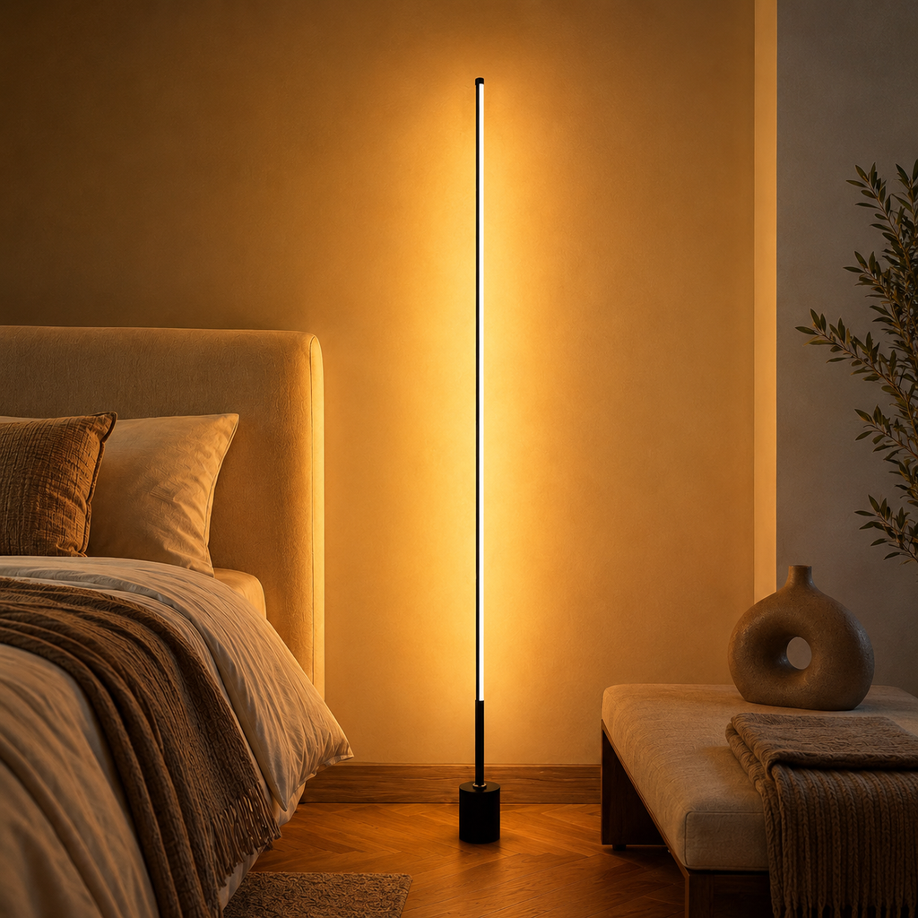 Lampadaire LED sur pied noir et doré design minimaliste