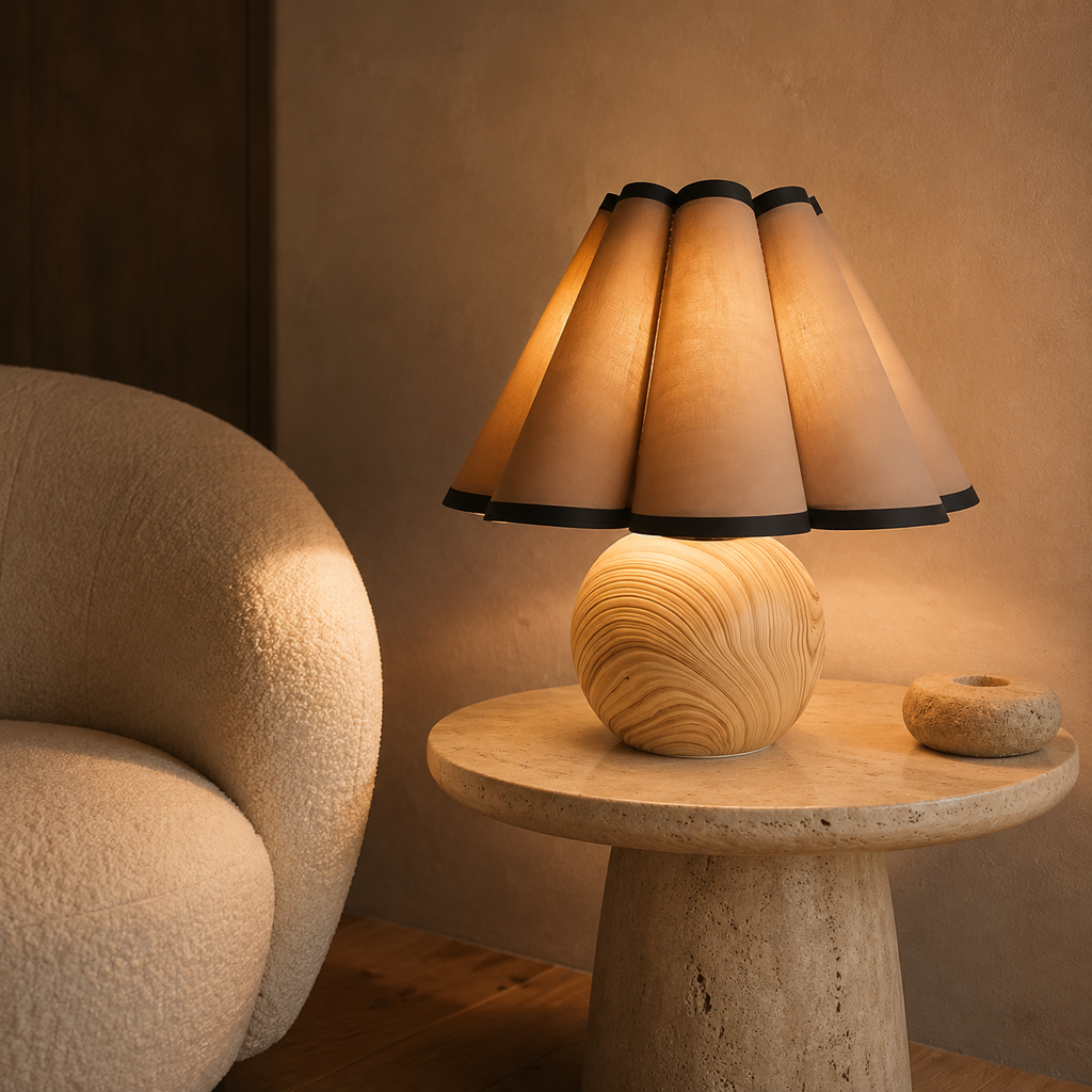 Lampe de chevet ronde en bois avec abat-jour plissé