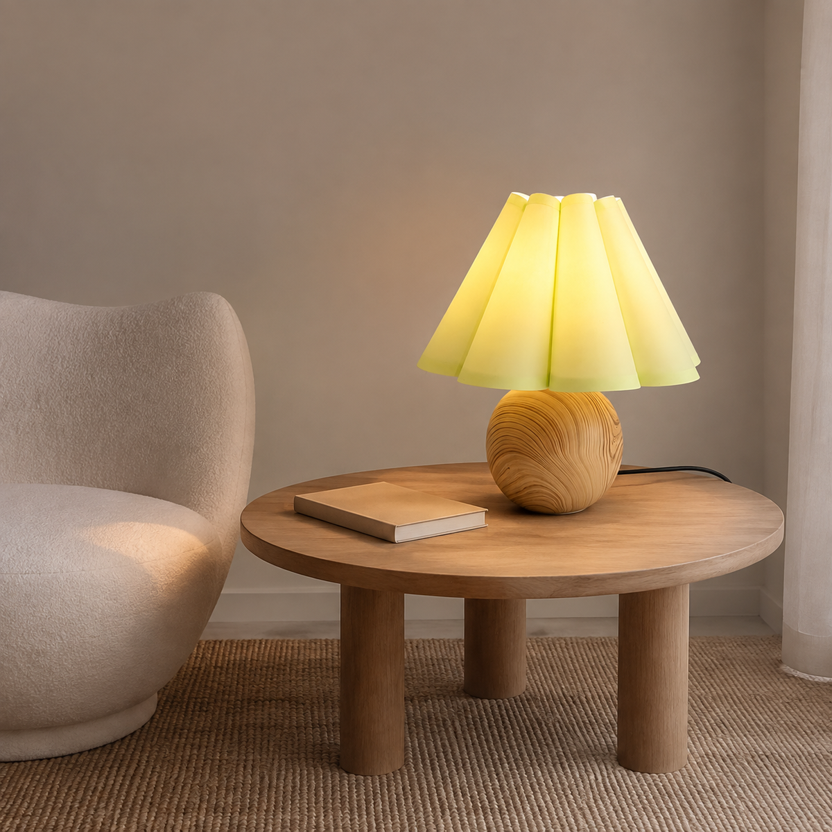 Lampe de chevet ronde en bois avec abat-jour plissé