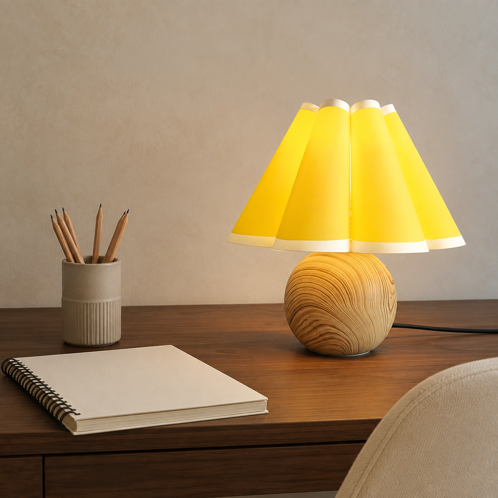 Lampe de chevet ronde en bois avec abat-jour plissé