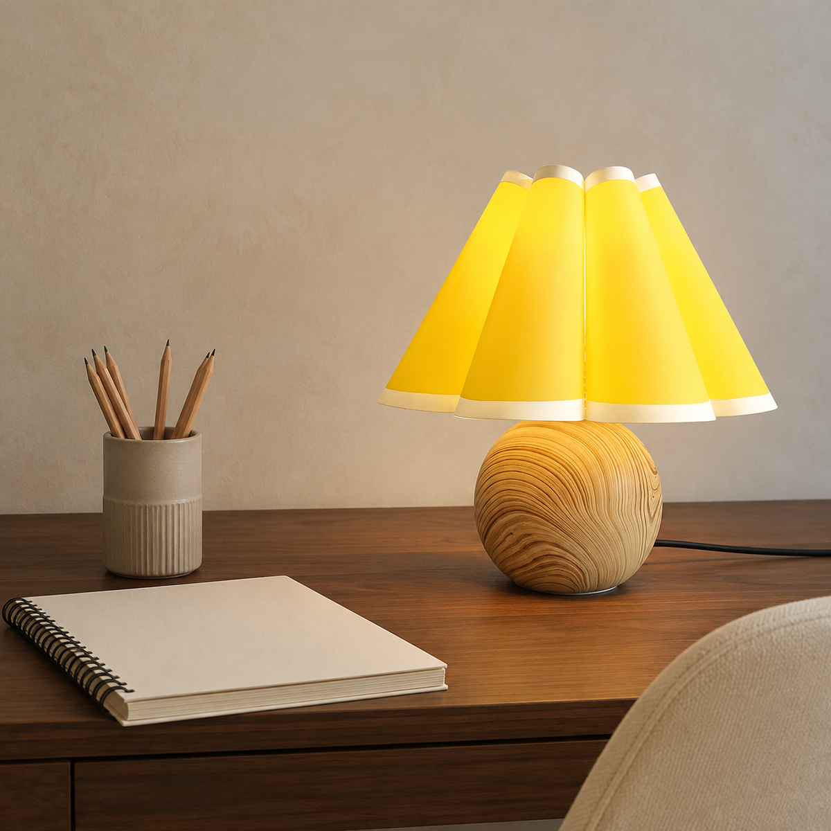 Lampe de chevet ronde en bois avec abat-jour plissé