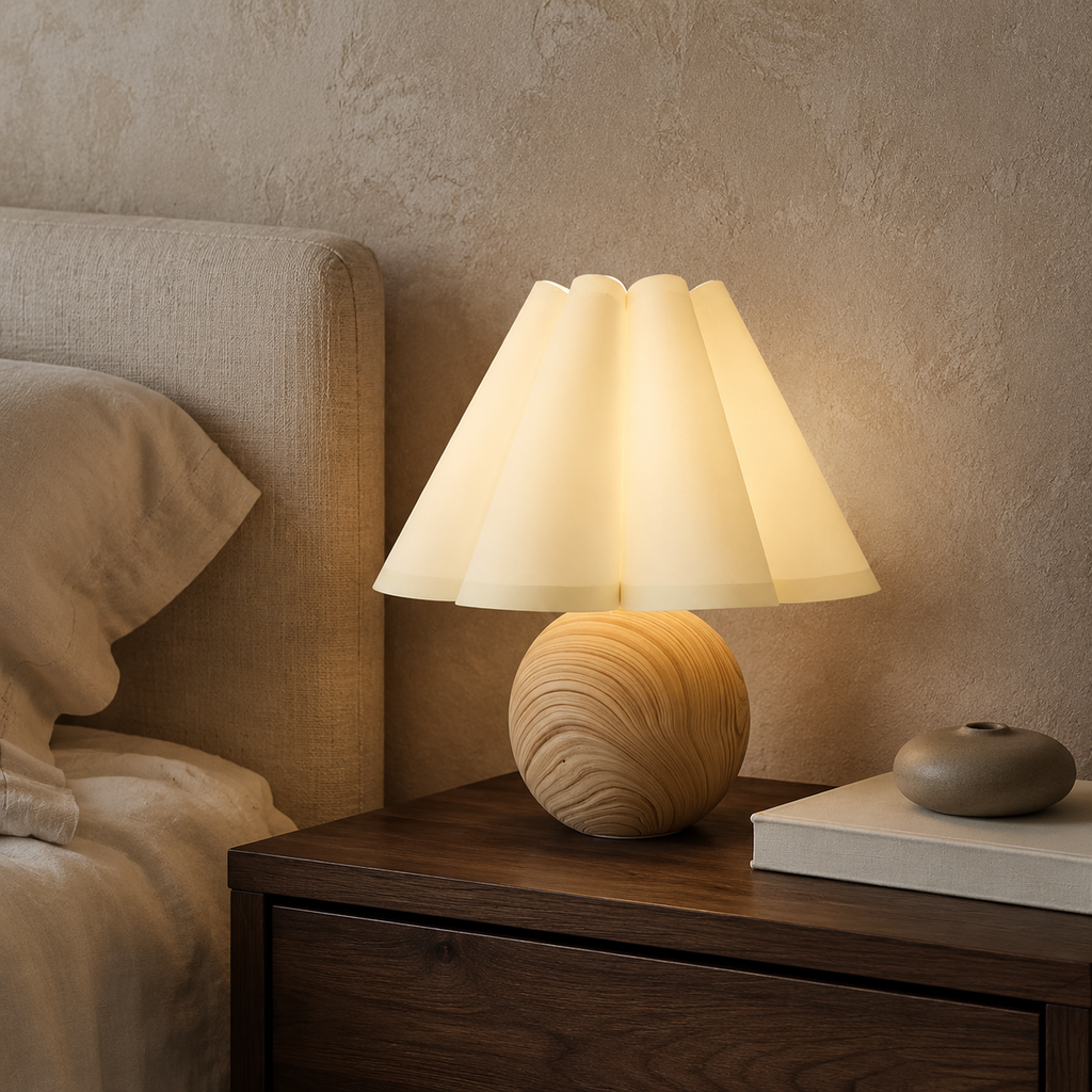 Lampe de chevet ronde en bois avec abat-jour plissé