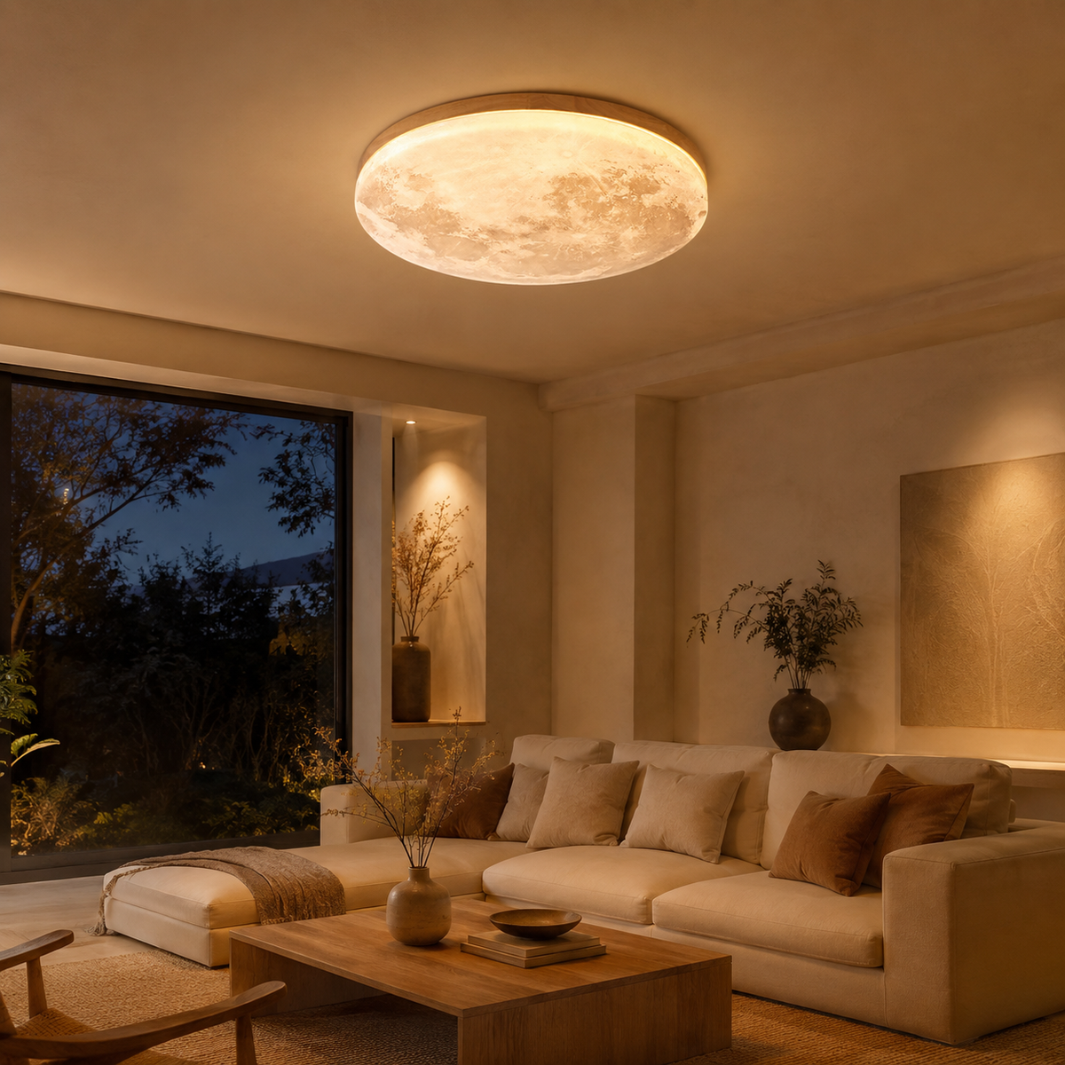 Plafonnier LED rond effet lune avec contour en bois