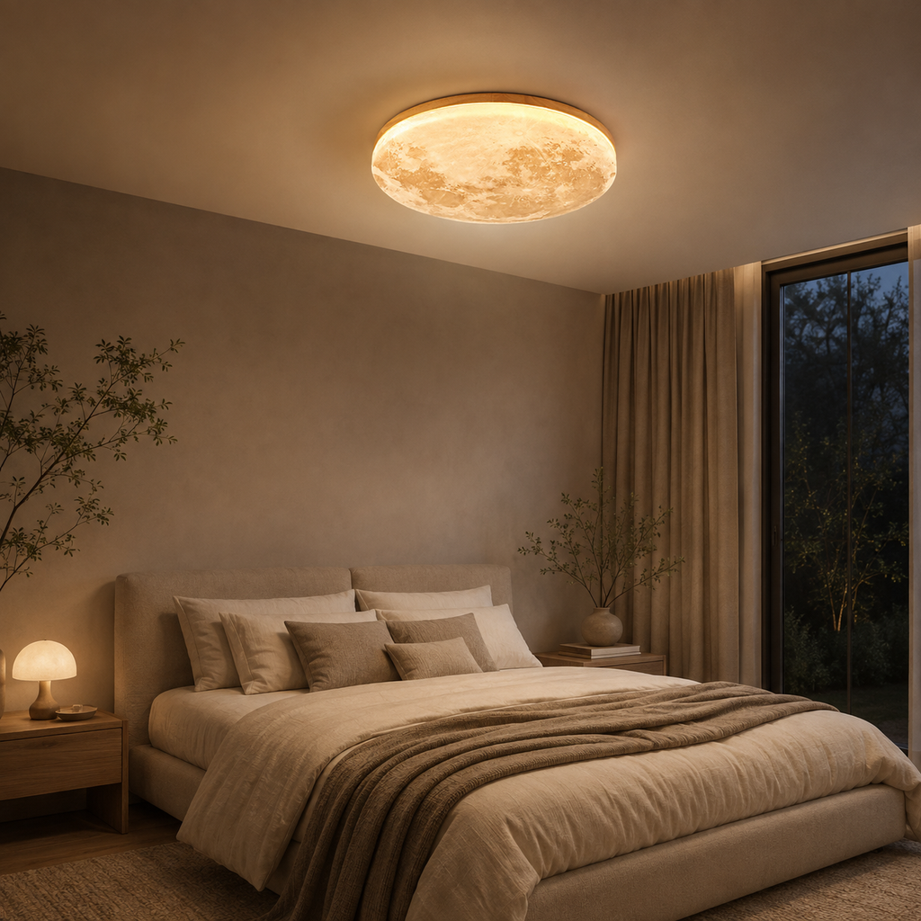 Plafonnier LED rond effet lune avec contour en bois