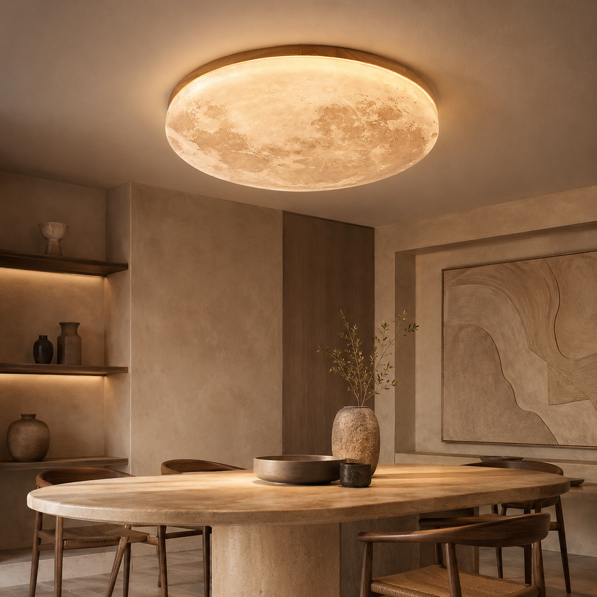 Plafonnier LED rond effet lune avec contour en bois