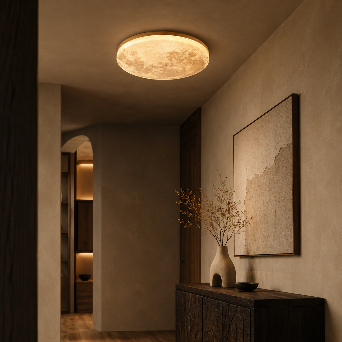 Plafonnier LED rond effet lune avec contour en bois