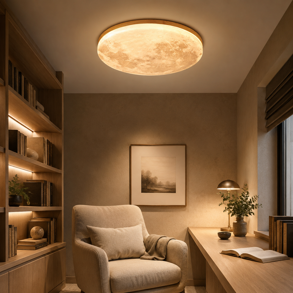 Plafonnier LED rond effet lune avec contour en bois