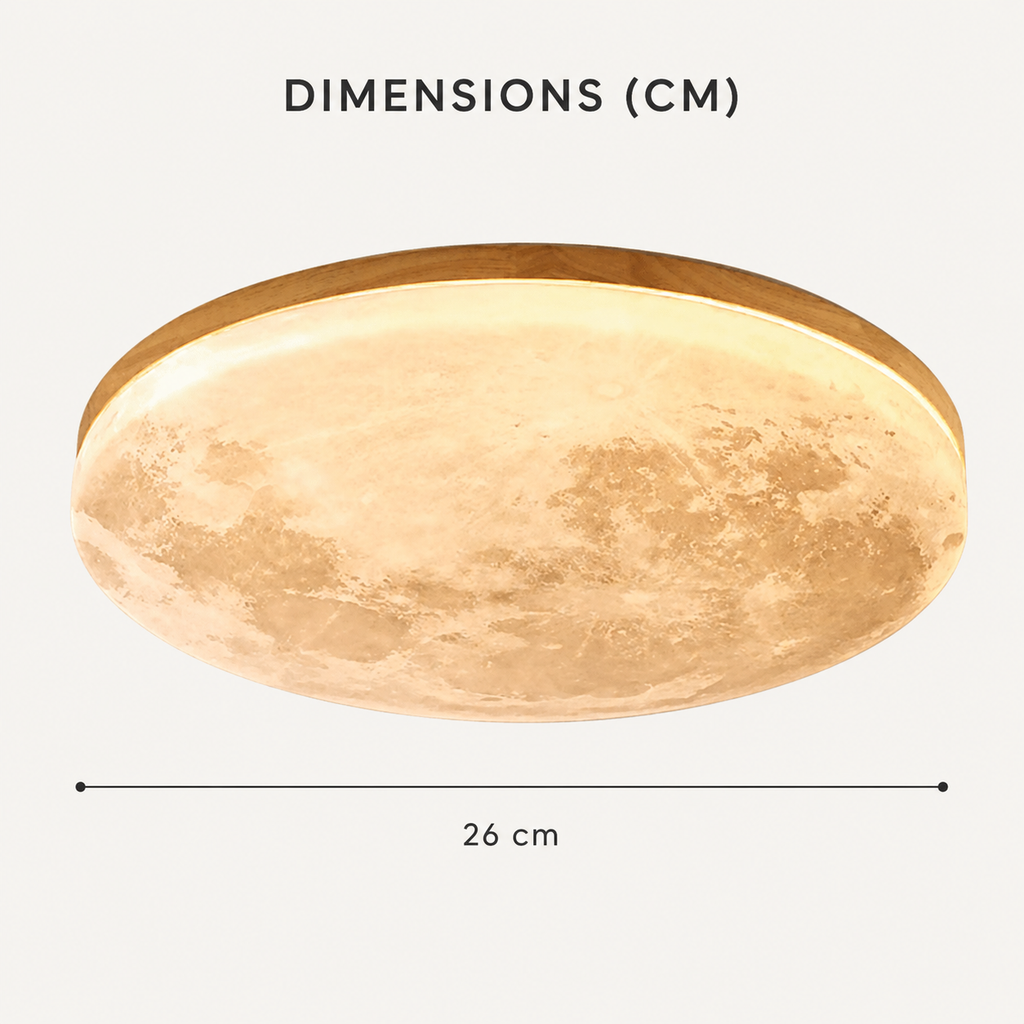 Plafonnier LED rond effet lune avec contour en bois
