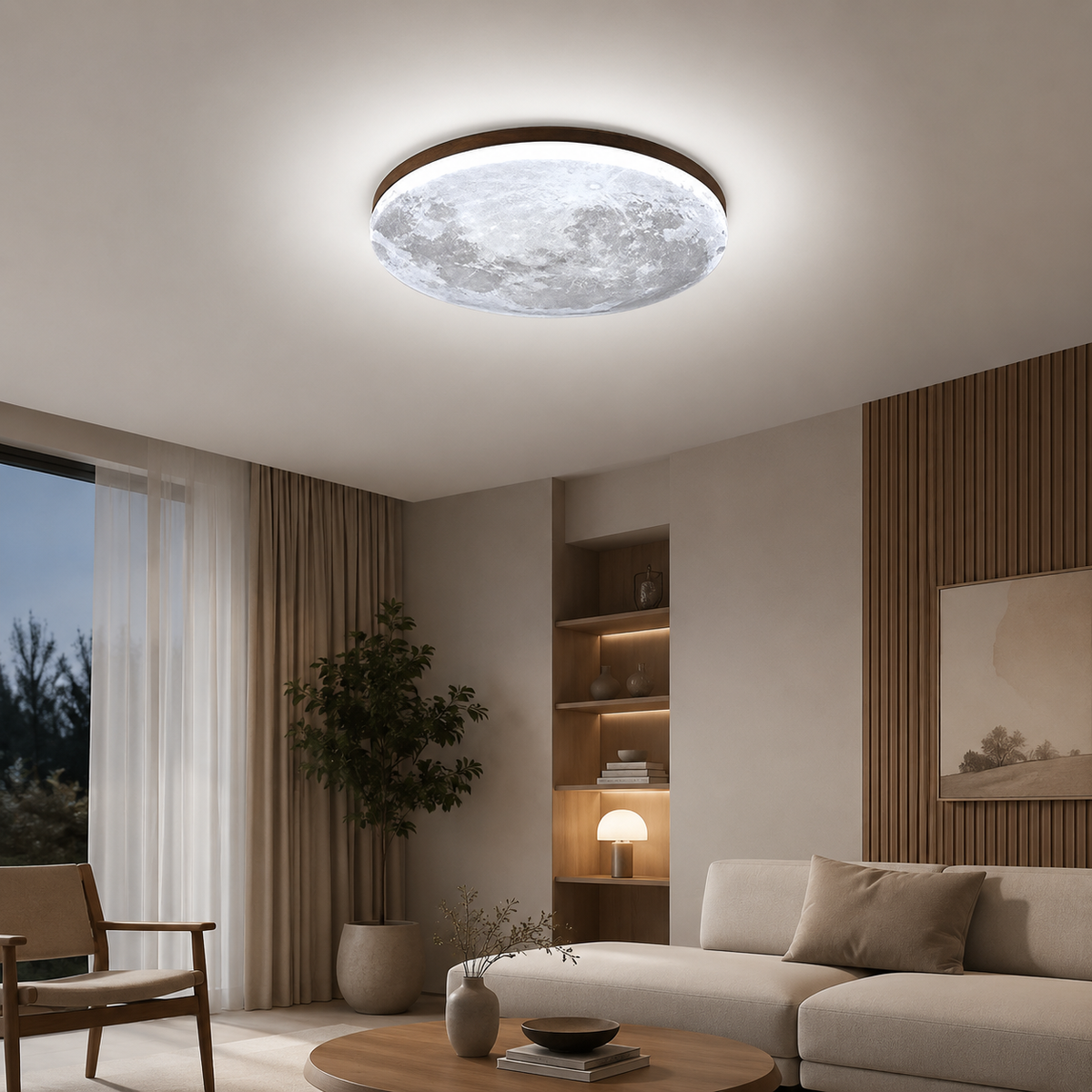 Plafonnier LED rond effet lune avec contour en bois