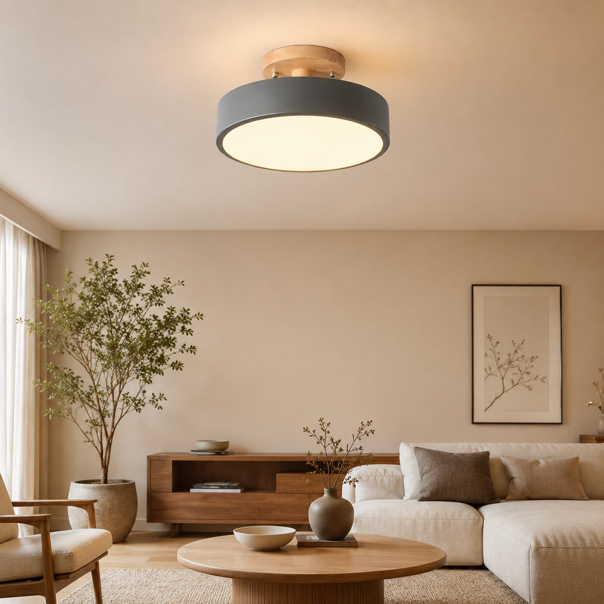 Plafonnier semi-encastré à Led rond nordique en bois
