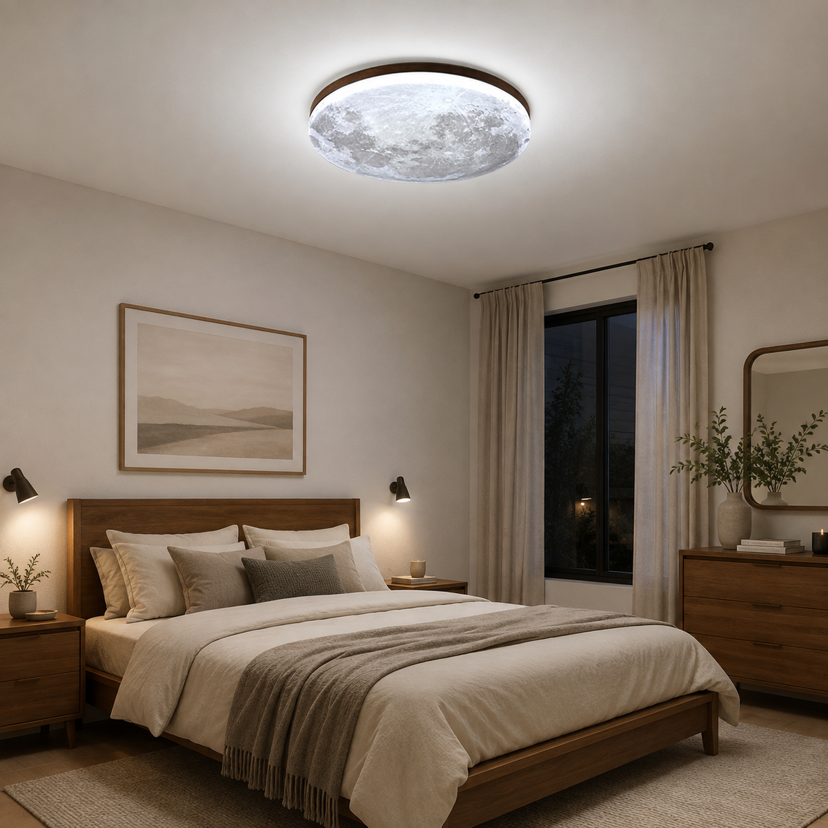 Plafonnier LED rond effet lune avec contour en bois