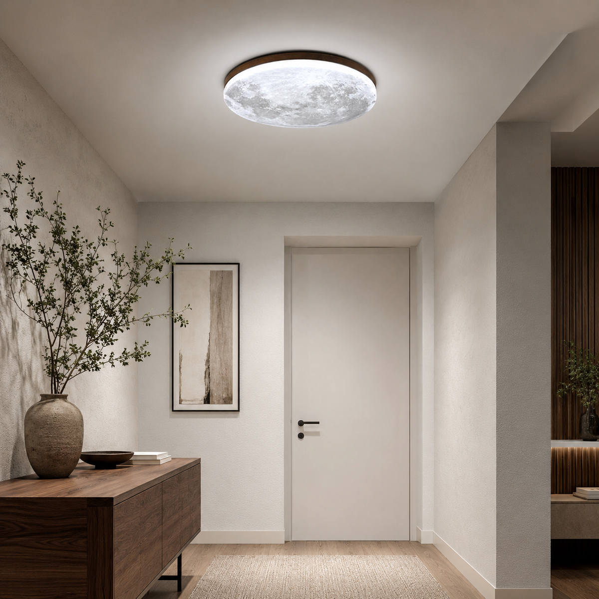 Plafonnier LED rond effet lune avec contour en bois