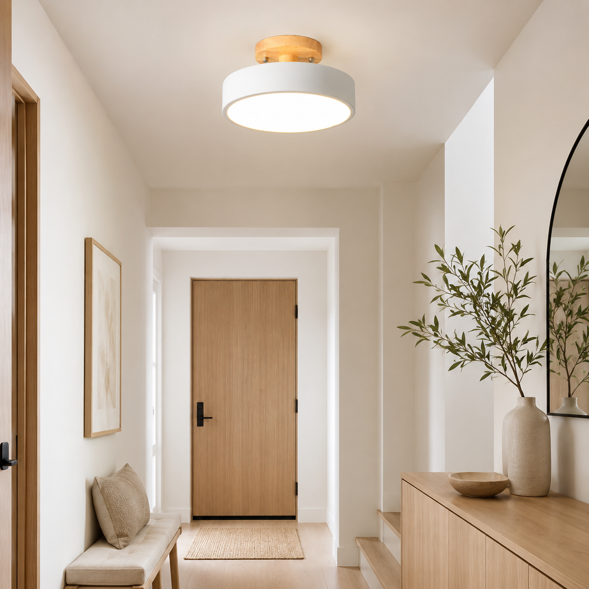 Plafonnier semi-encastré à Led rond nordique en bois