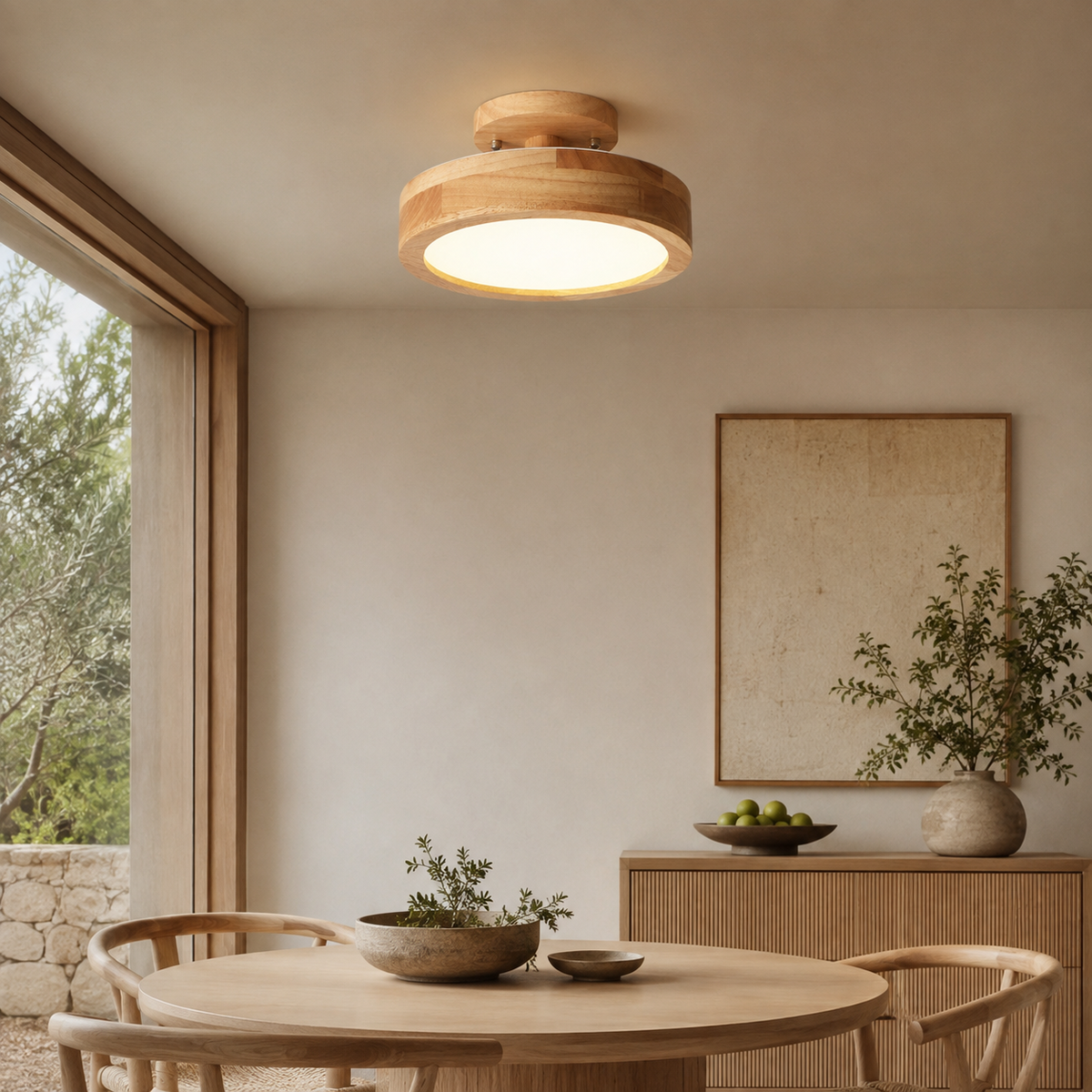 Plafonnier semi-encastré à Led rond nordique en bois