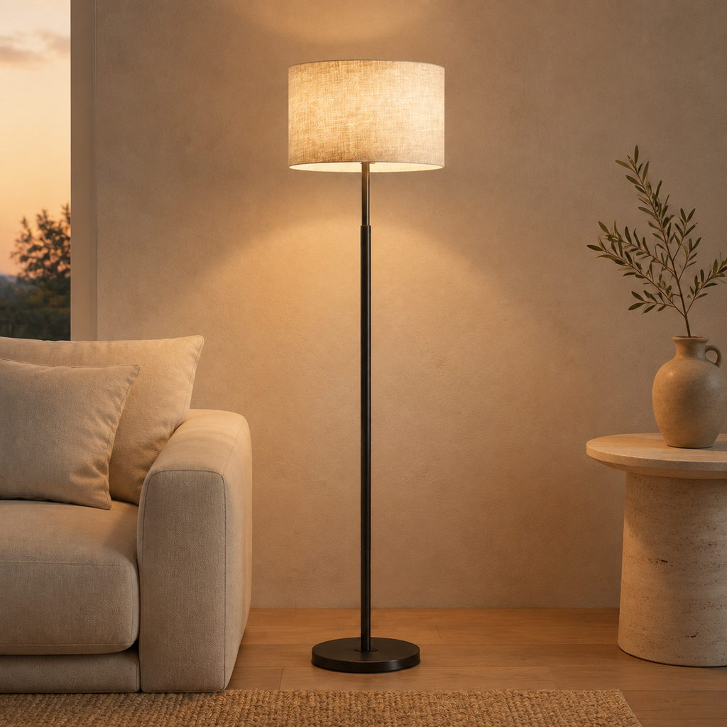 Lampadaire sur pied doré réglable en hauteur avec abat-jour en tissu