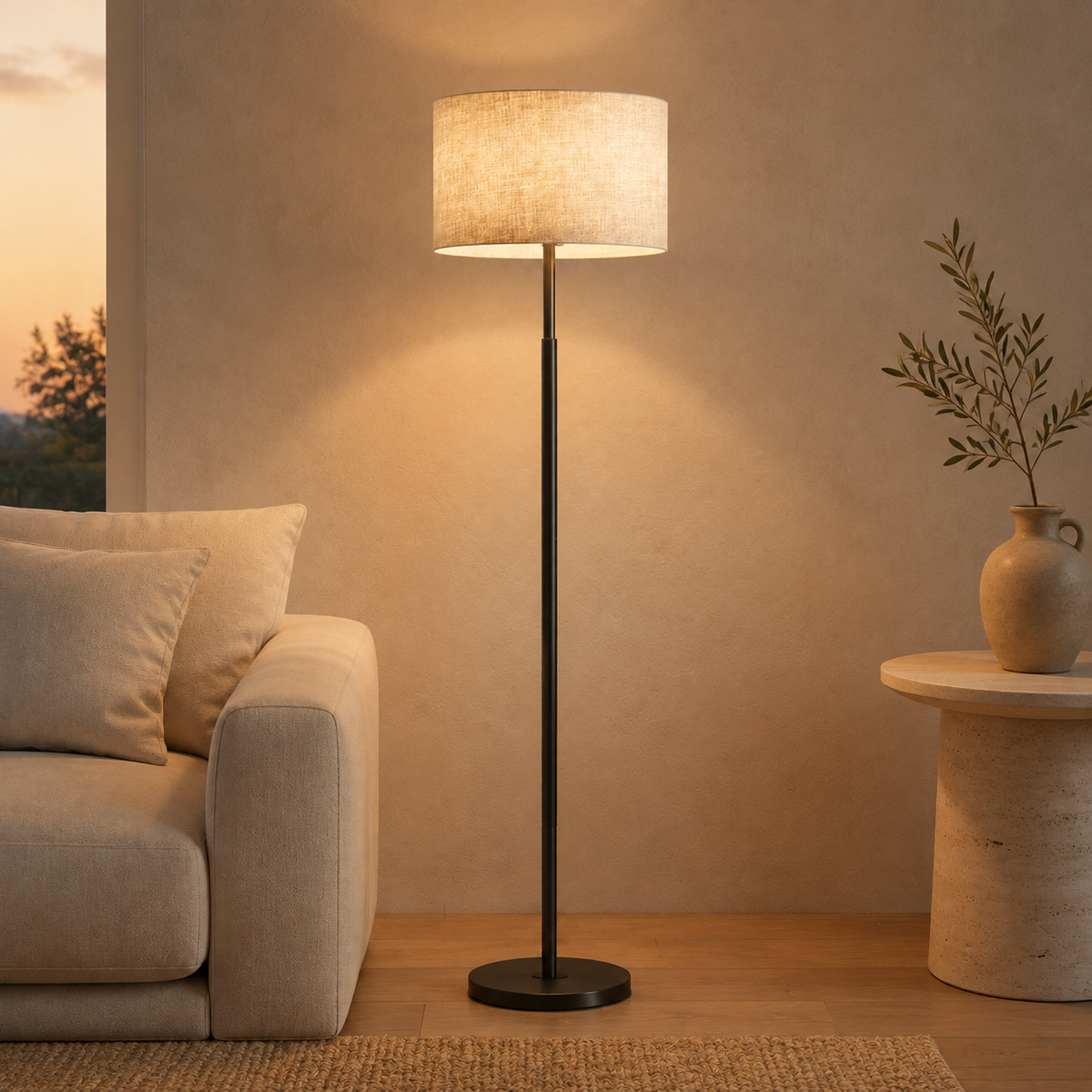 Lampadaire sur pied doré réglable en hauteur avec abat-jour en tissu