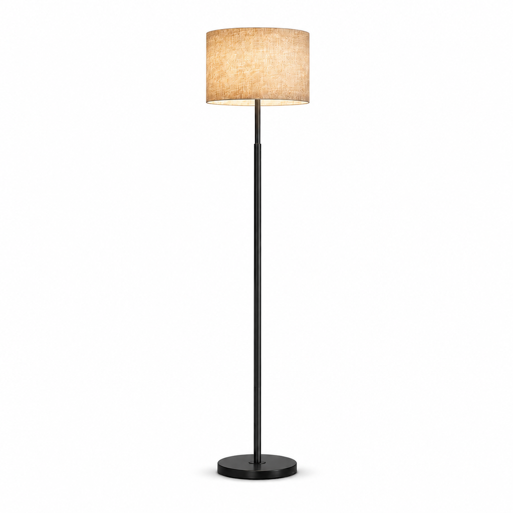 Lampadaire sur pied doré réglable en hauteur avec abat-jour en tissu