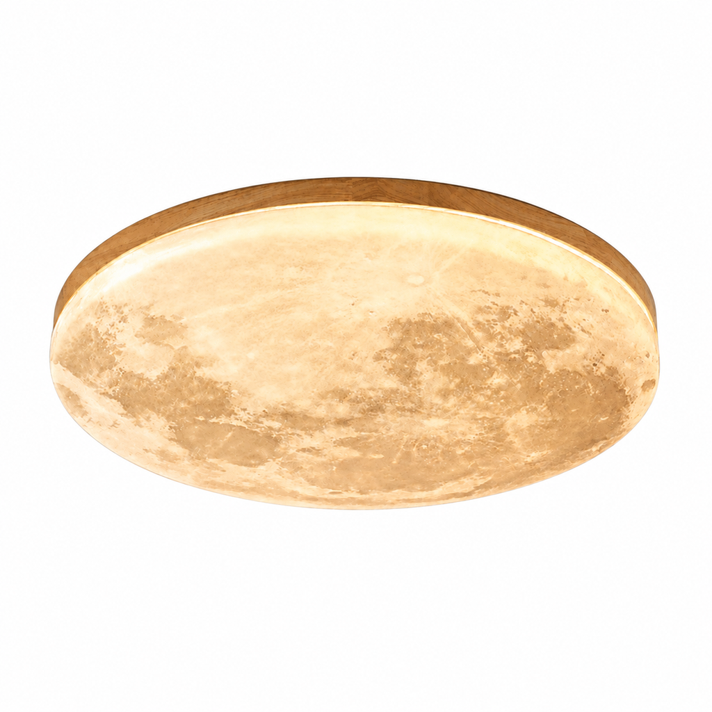 Plafonnier LED rond effet lune avec contour en bois