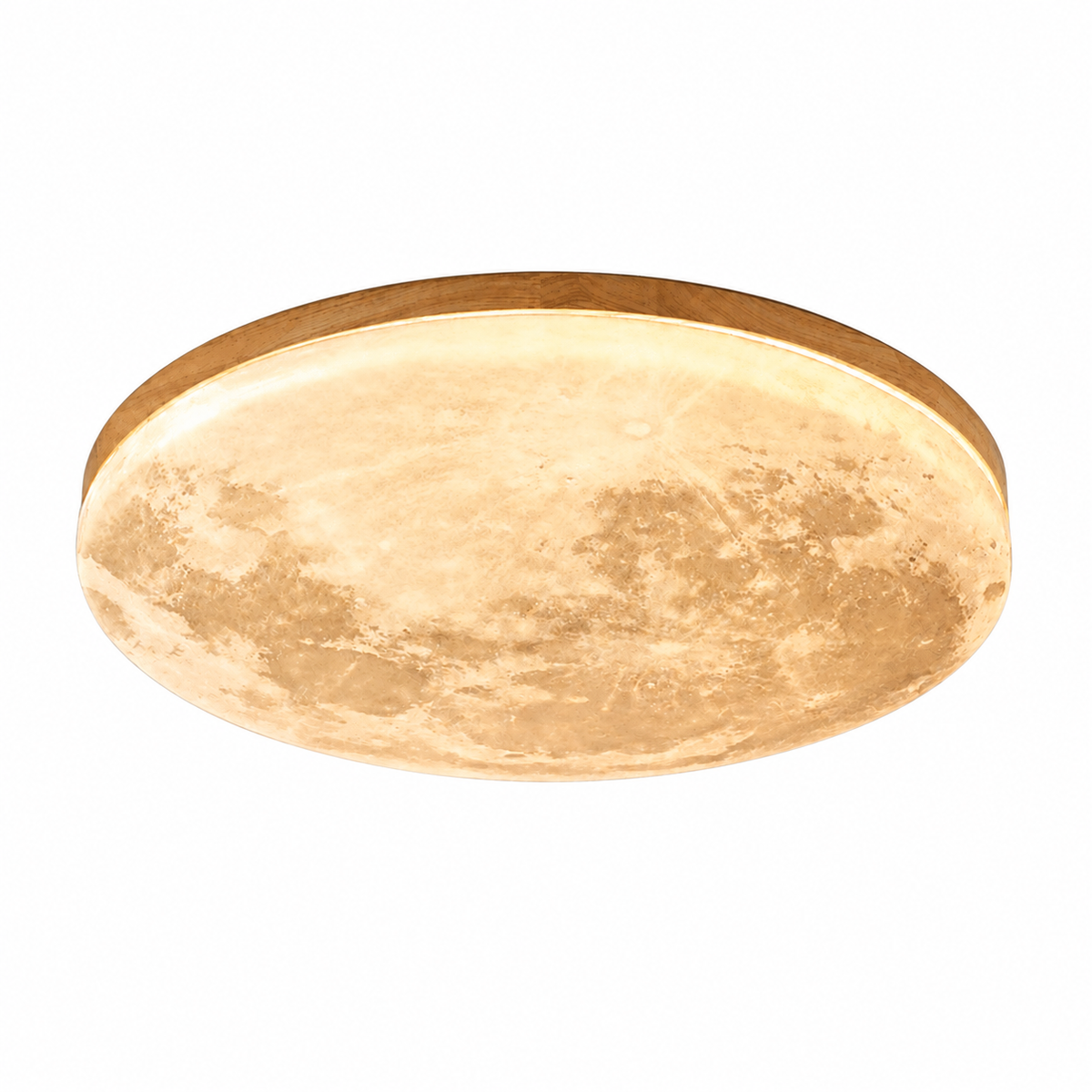 Plafonnier LED rond effet lune avec contour en bois