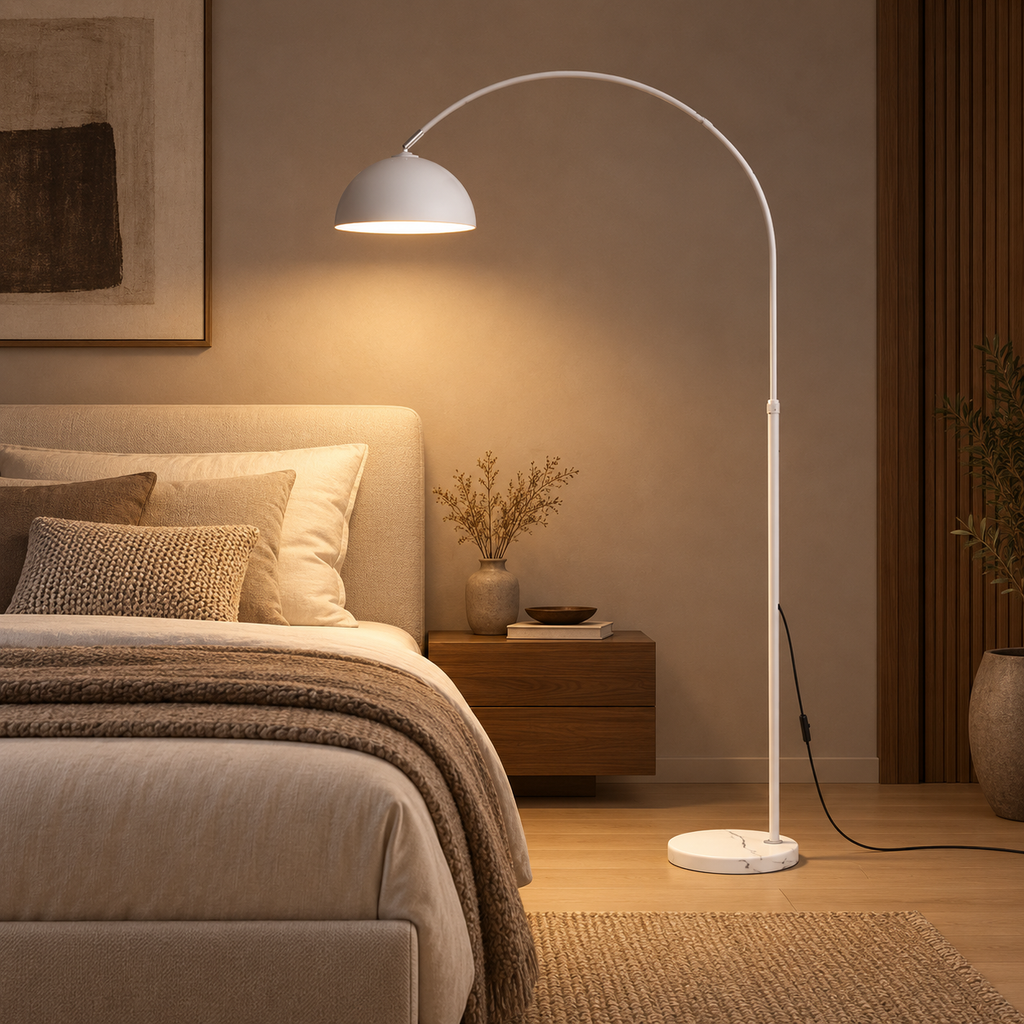 Lampadaire noir design épuré tête orientable moderne en arc réglable