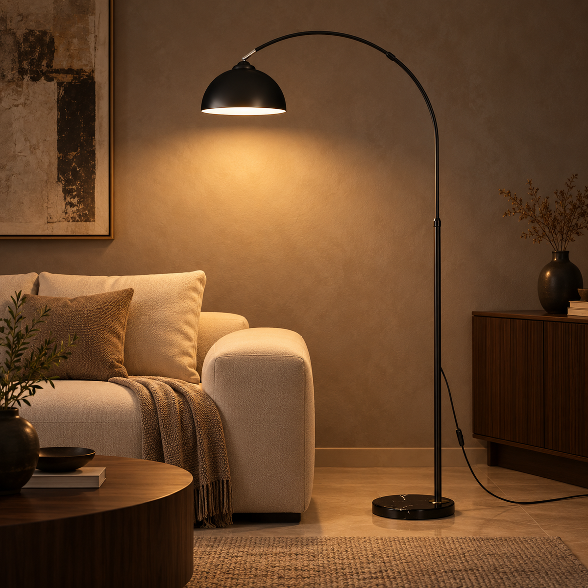 Lampadaire noir design épuré tête orientable moderne en arc réglable