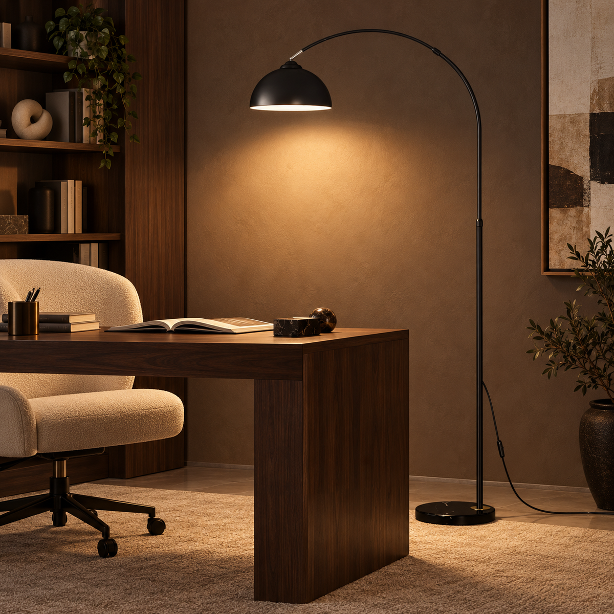 Lampadaire noir design épuré tête orientable moderne en arc réglable