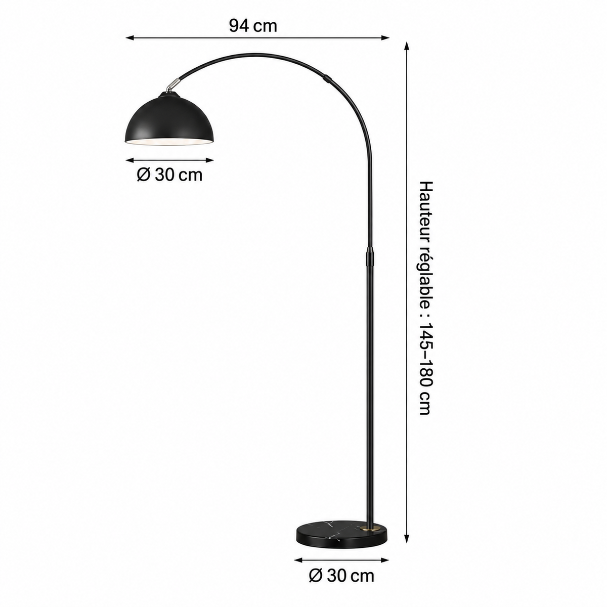 Lampadaire noir design épuré tête orientable moderne en arc réglable