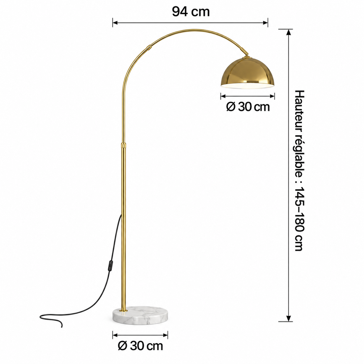 Lampadaire noir design épuré tête orientable moderne en arc réglable