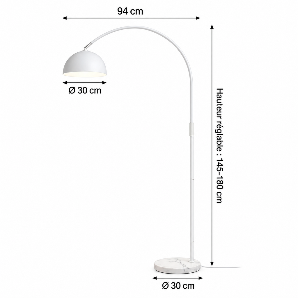 Lampadaire noir design épuré tête orientable moderne en arc réglable