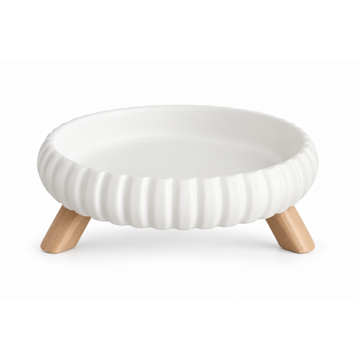 Vide-Poche Rond Design Côtelé en Céramique avec Pieds en Bois