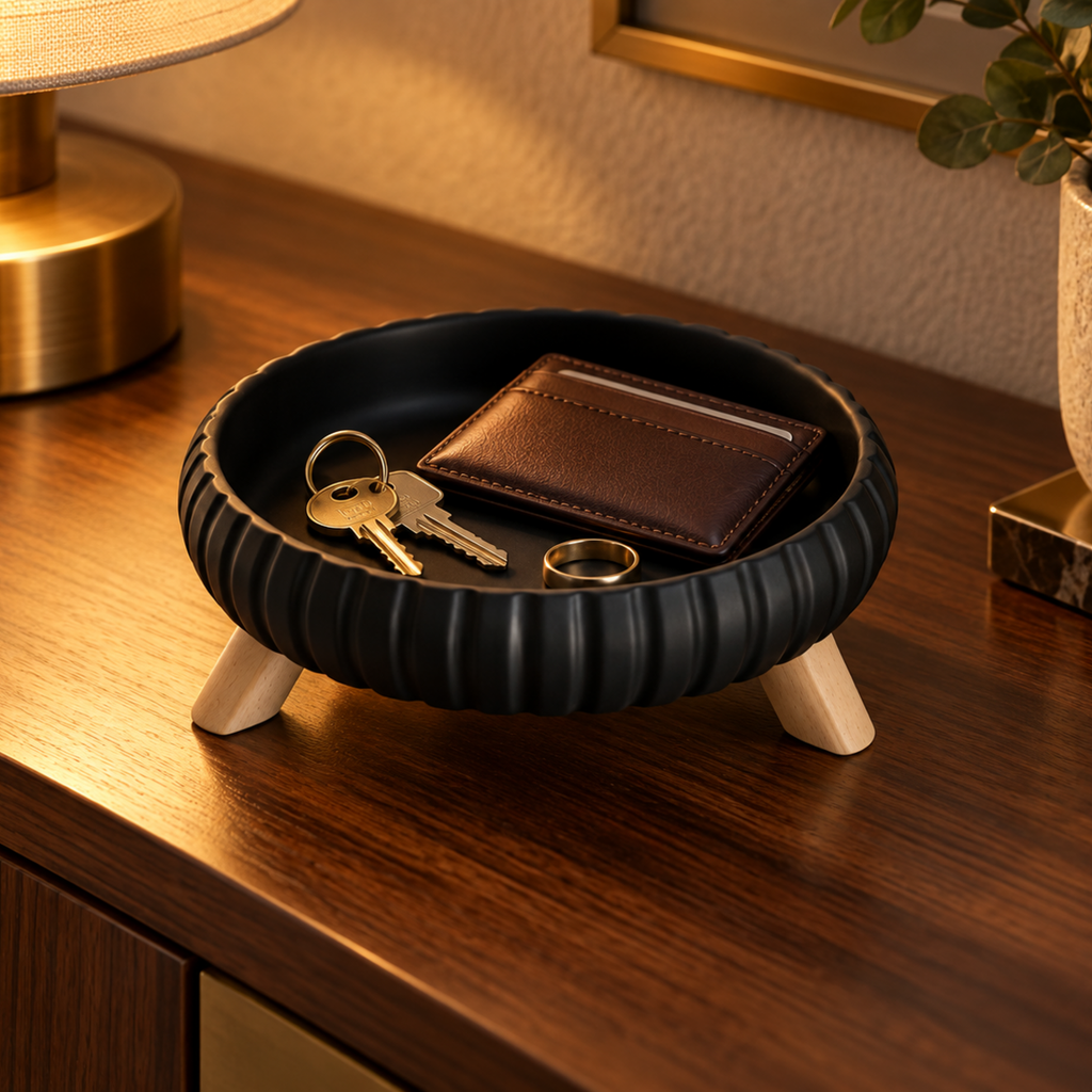 Vide-Poche Rond Design Côtelé en Céramique avec Pieds en Bois
