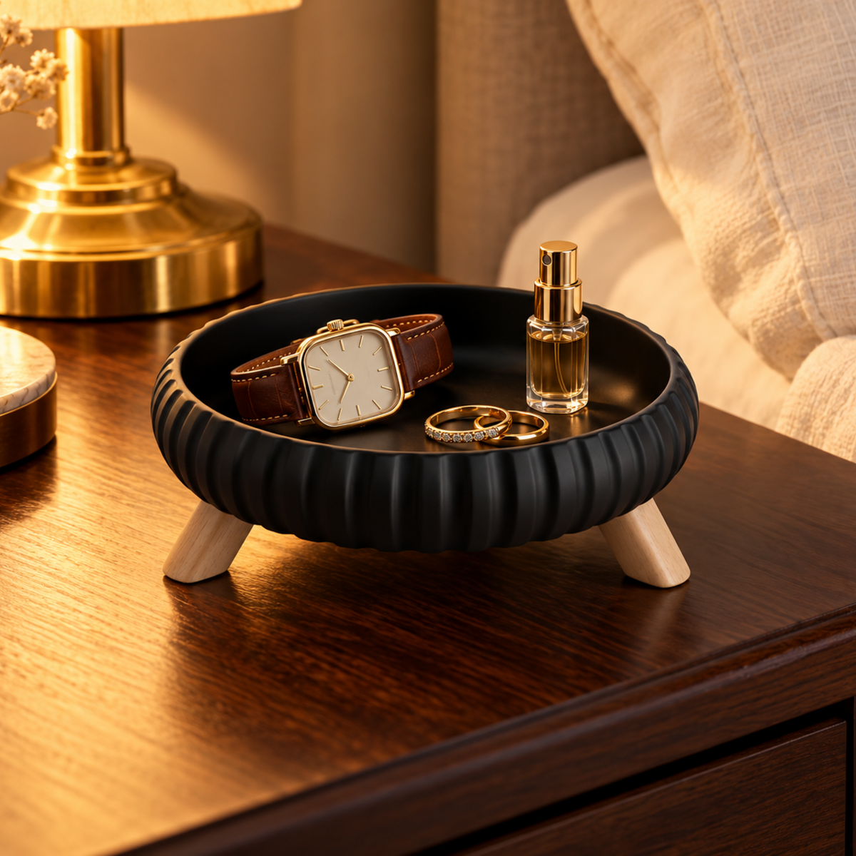 Vide-Poche Rond Design Côtelé en Céramique avec Pieds en Bois