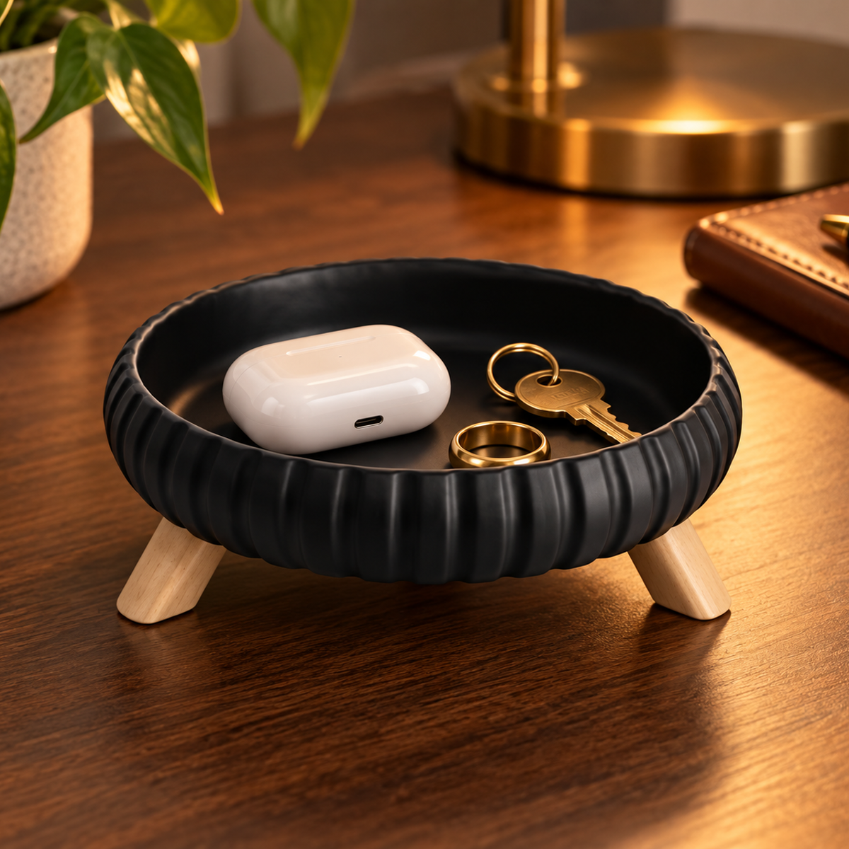 Vide-Poche Rond Design Côtelé en Céramique avec Pieds en Bois