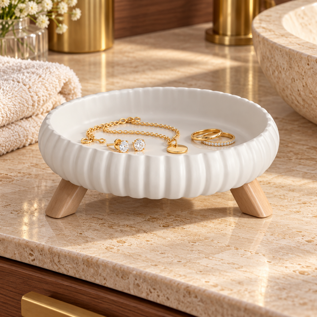 Vide-Poche Rond Design Côtelé en Céramique avec Pieds en Bois