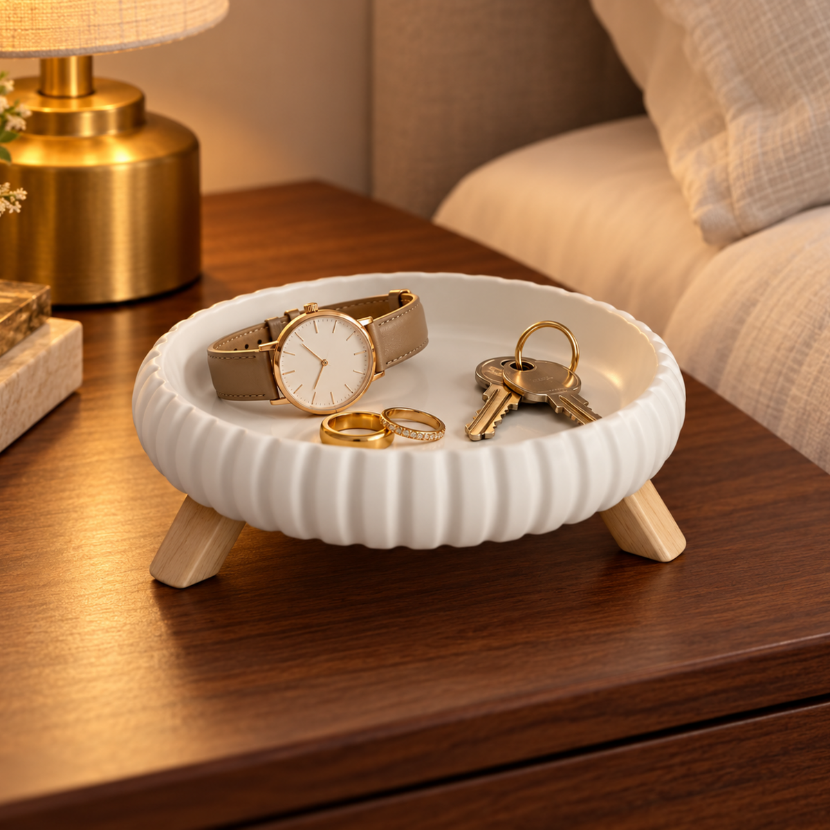 Vide-Poche Rond Design Côtelé en Céramique avec Pieds en Bois
