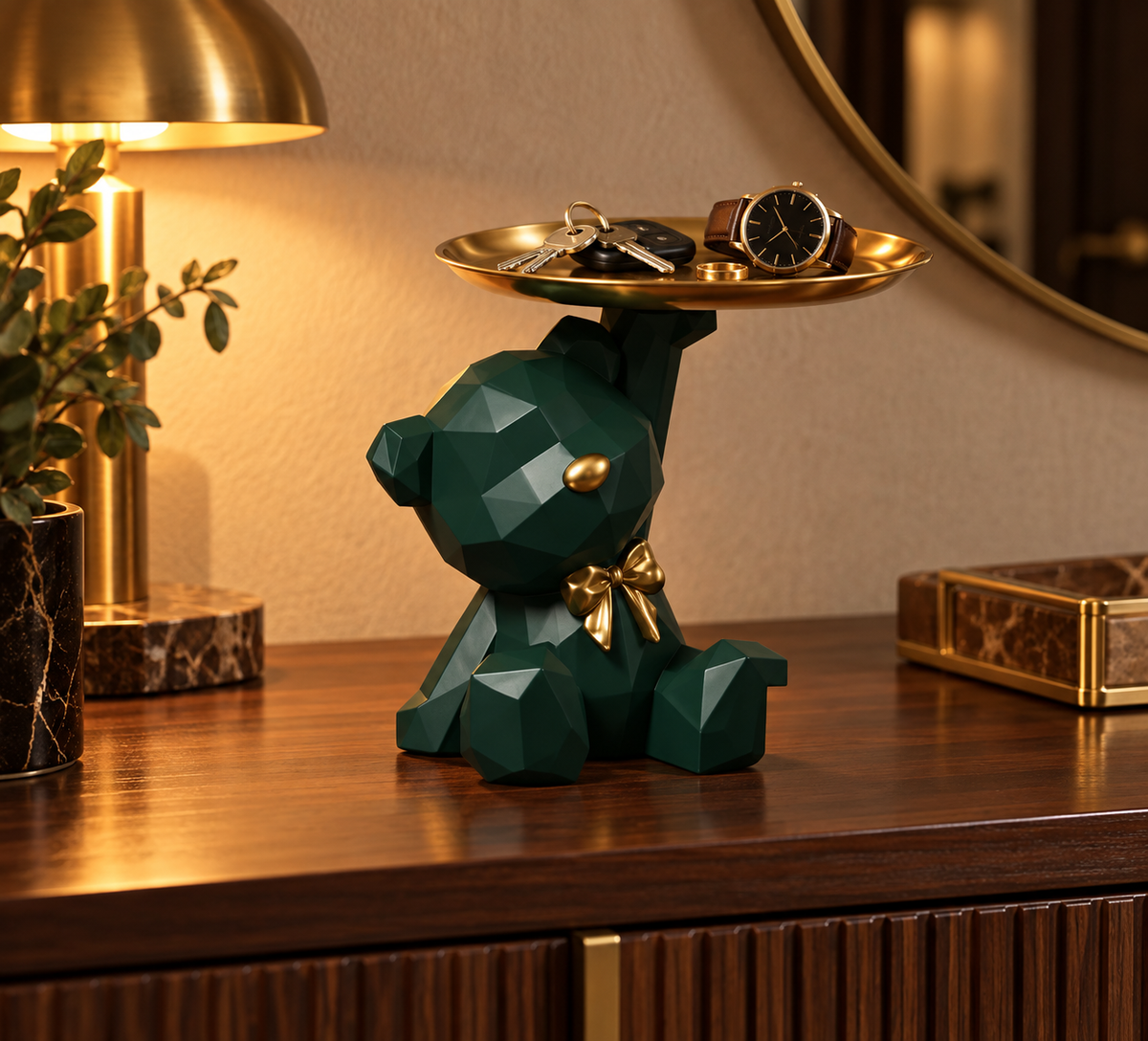 Vide-Poche Ours en Résine Style Origami avec Plateau Rangement