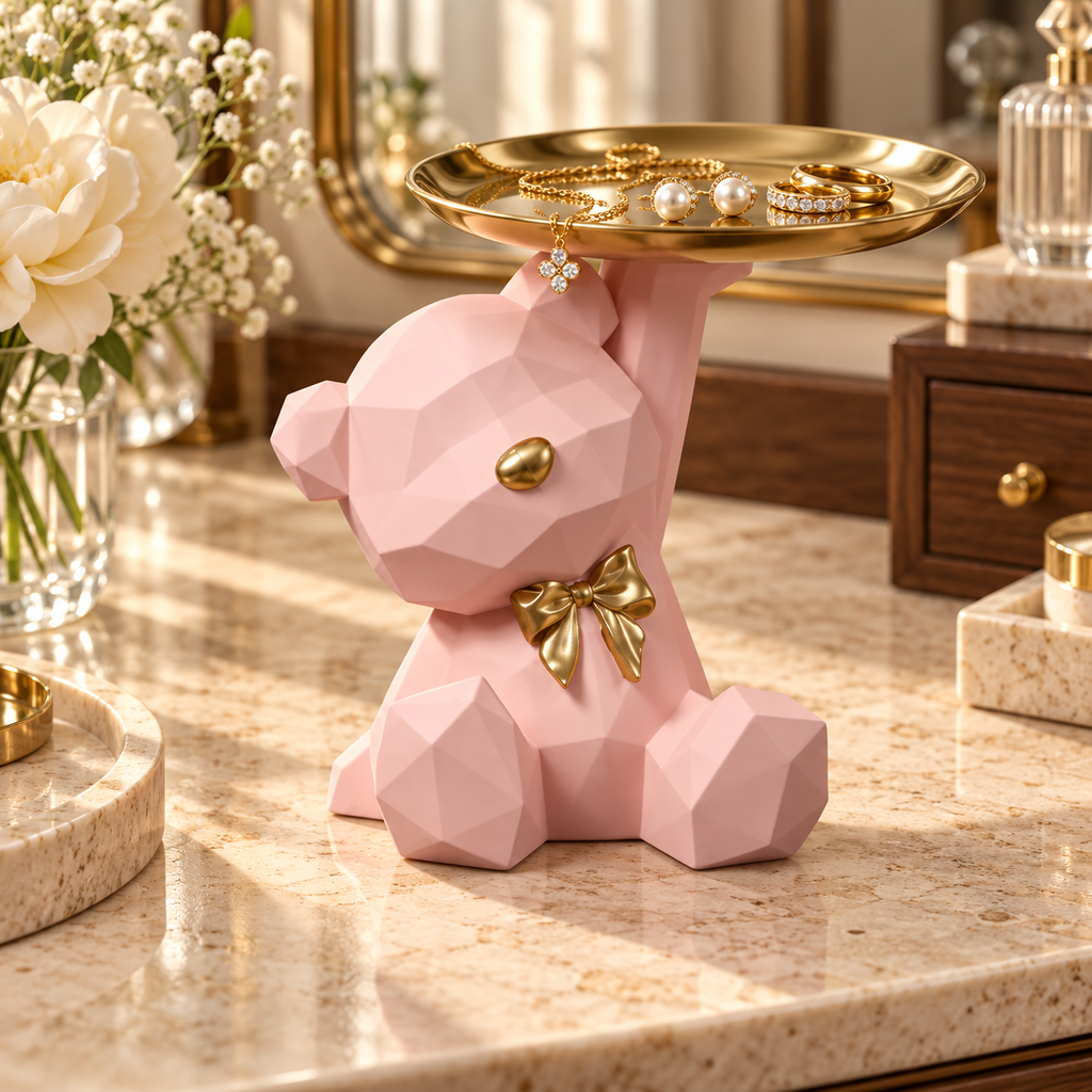 Vide-Poche Ours en Résine Style Origami avec Plateau Rangement