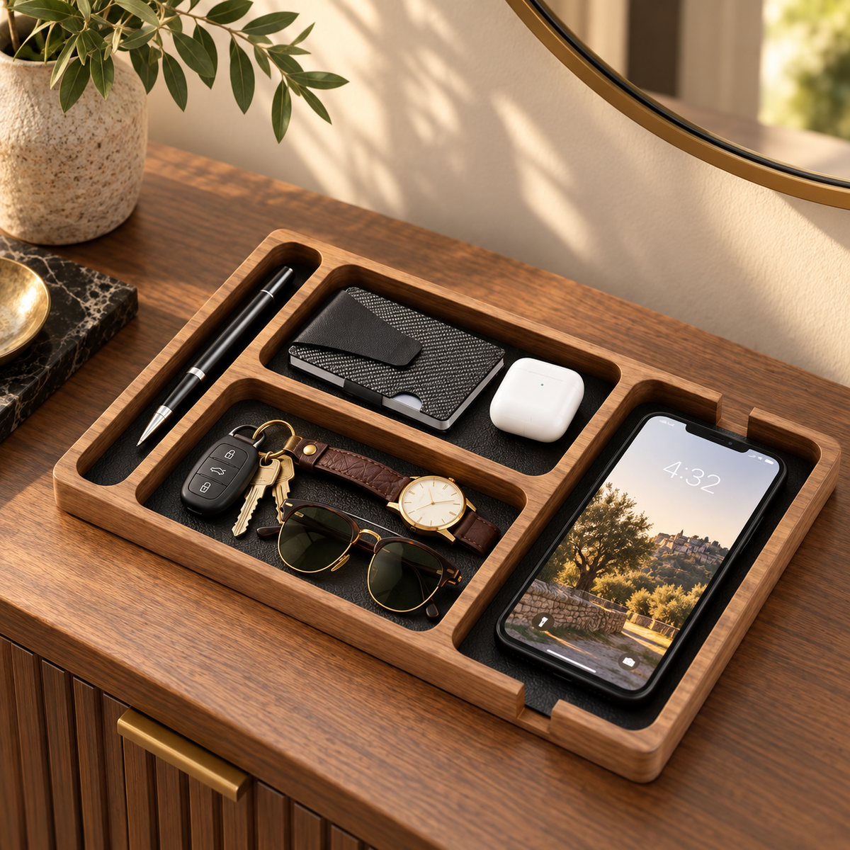 Vide-poche en bois et cuir avec compartiments pour bureau et entrée