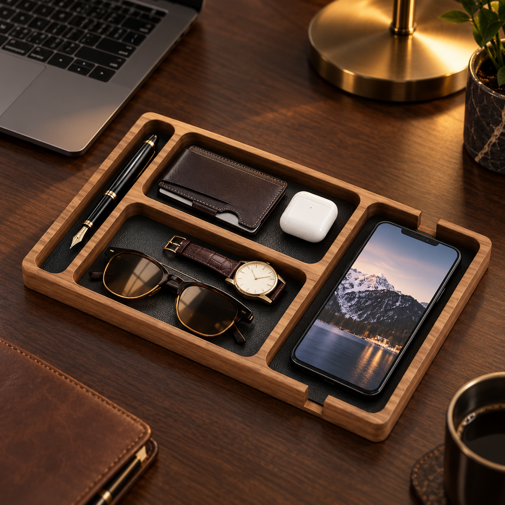 Vide-poche en bois et cuir avec compartiments pour bureau et entrée