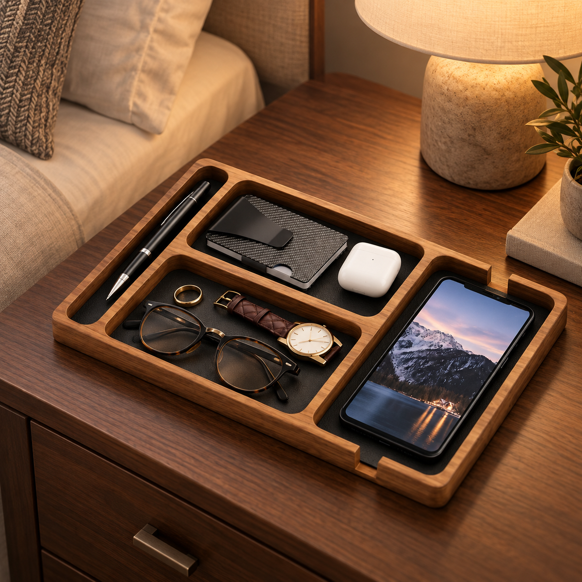 Vide-poche en bois et cuir avec compartiments pour bureau et entrée