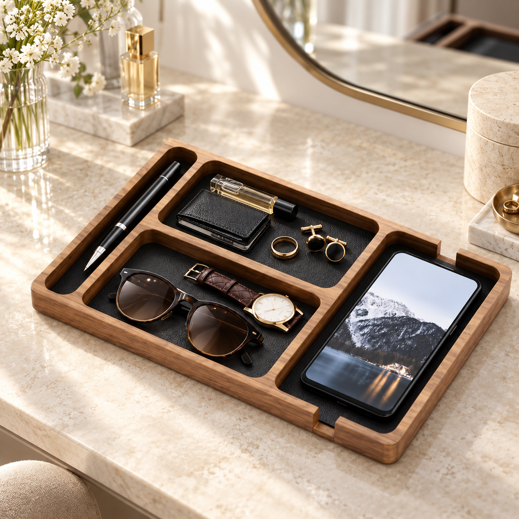 Vide-poche en bois et cuir avec compartiments pour bureau et entrée