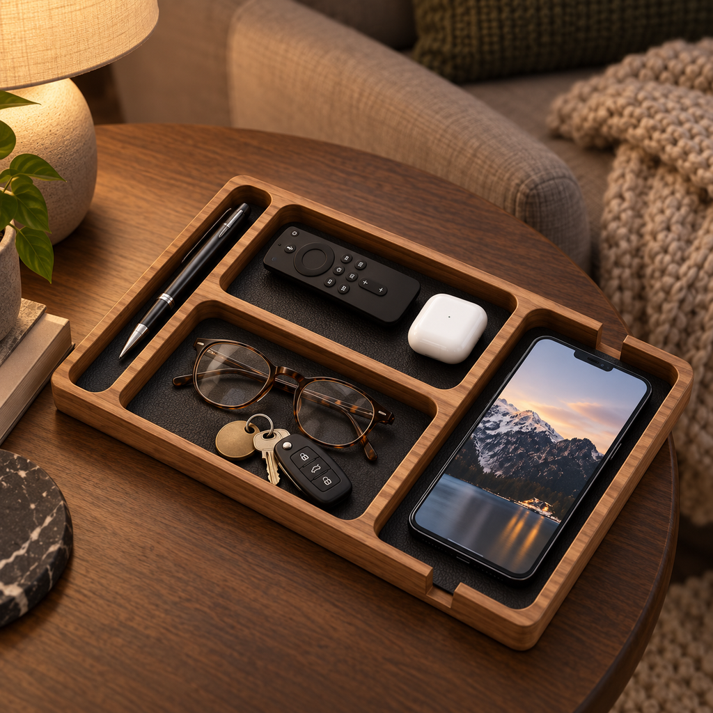 Vide-poche en bois et cuir avec compartiments pour bureau et entrée