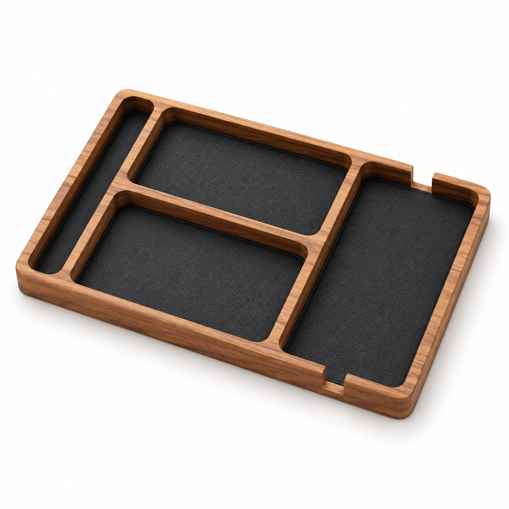 Vide-poche en bois et cuir avec compartiments pour bureau et entrée