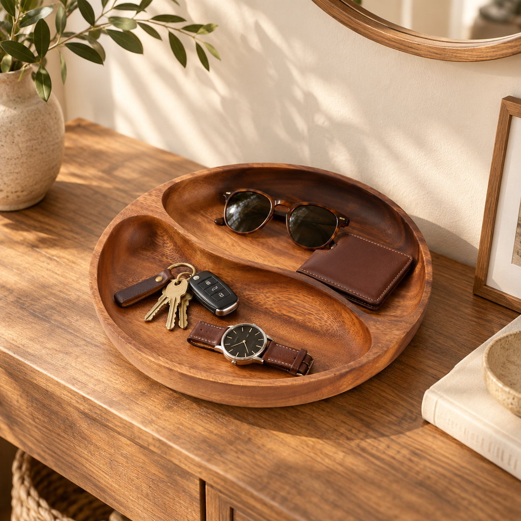 Vide-poche bol design en bois à 2 compartiments