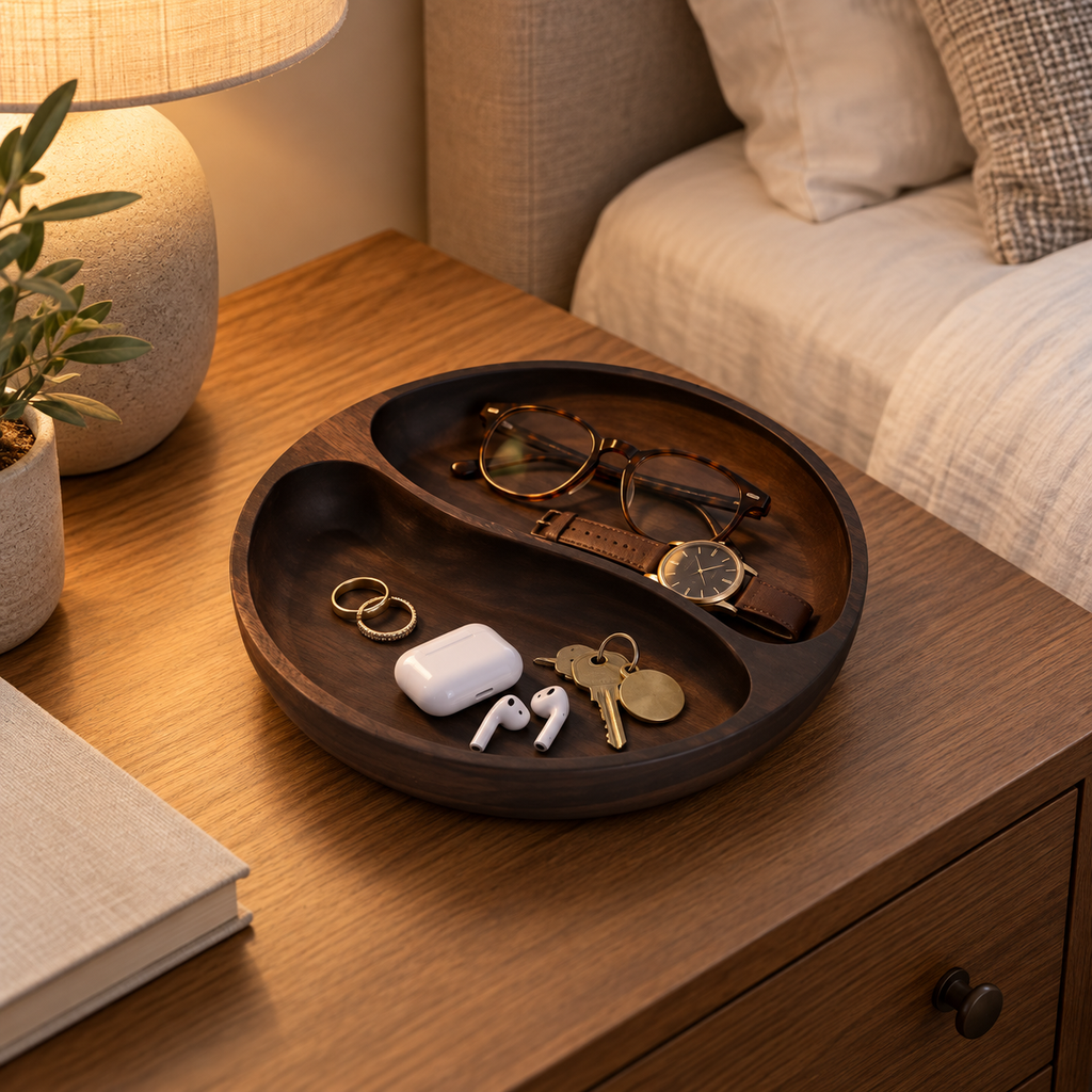 Vide-poche bol design en bois à 2 compartiments